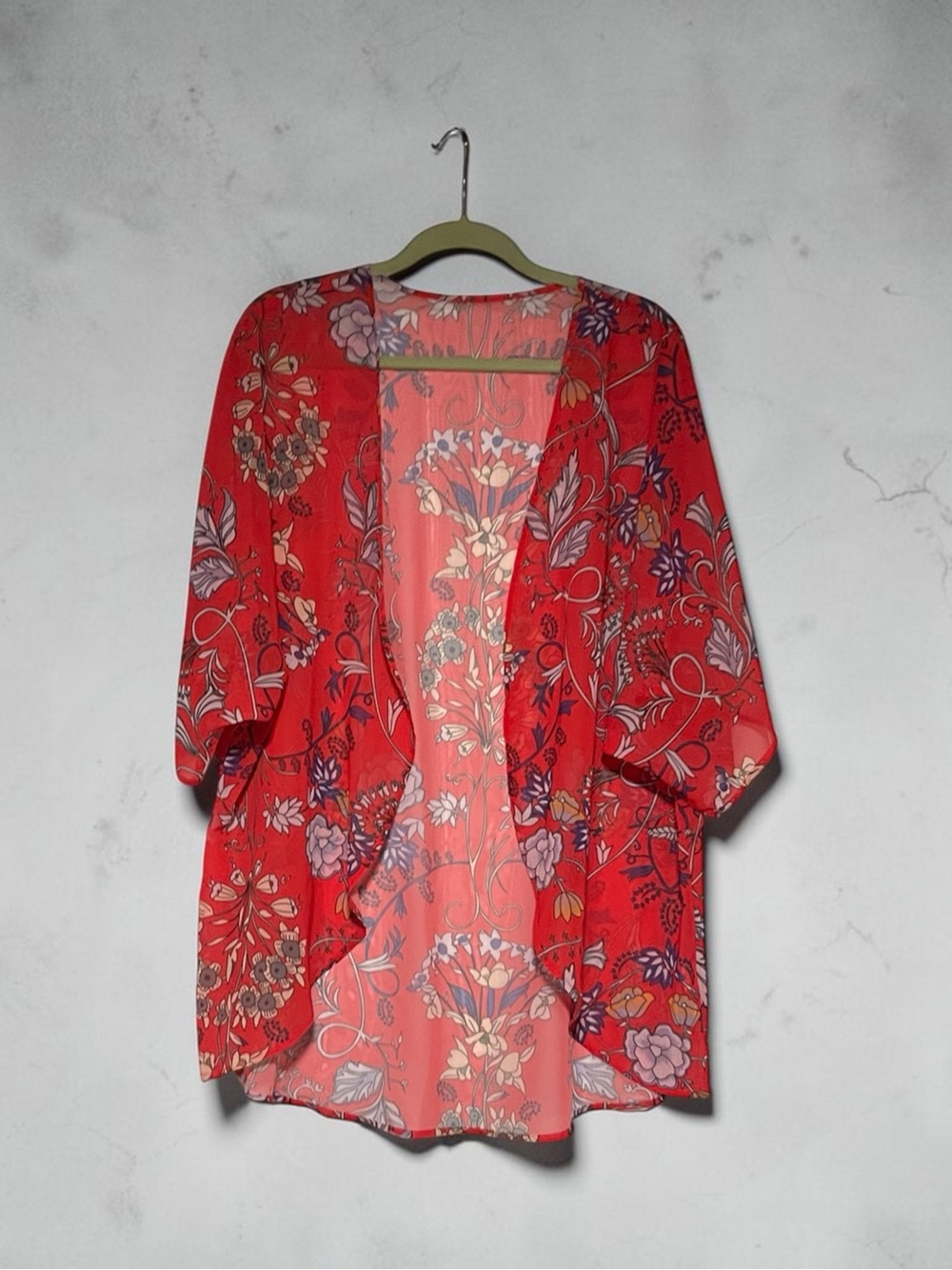Red Floral Sheer Kimono Cardigan
